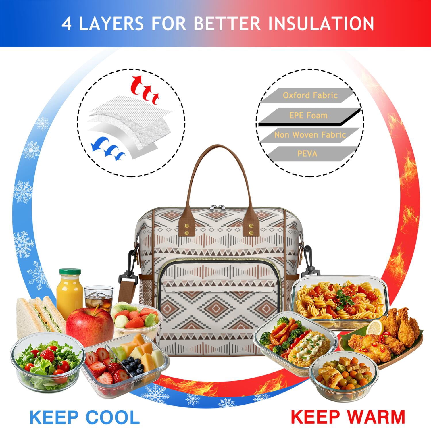 Bohemian Reusable Lunch Tote for Women, Insulated Large Cooler Bag with Retro Style, Dual Compartments & Shoulder Strap for Office, Travel or Gifts