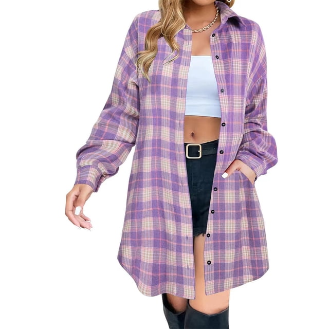 Women's Button Flannel Shirts Plaid Shacket, Long Sleeve Collared Long Jacket Coats with Pockets Purple S