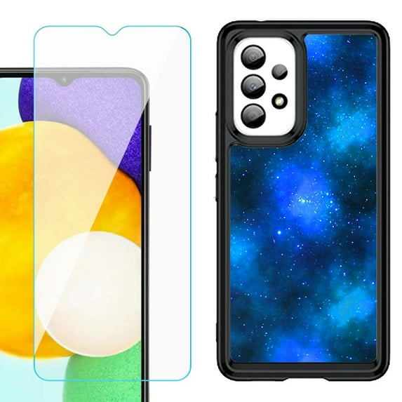 Shockproof Bumper (Black Frame) phone Case for Samsung Galaxy A23 5G, with Tempered Glass Screen Protector, by OneToughShield ® - Cosmos/Stars