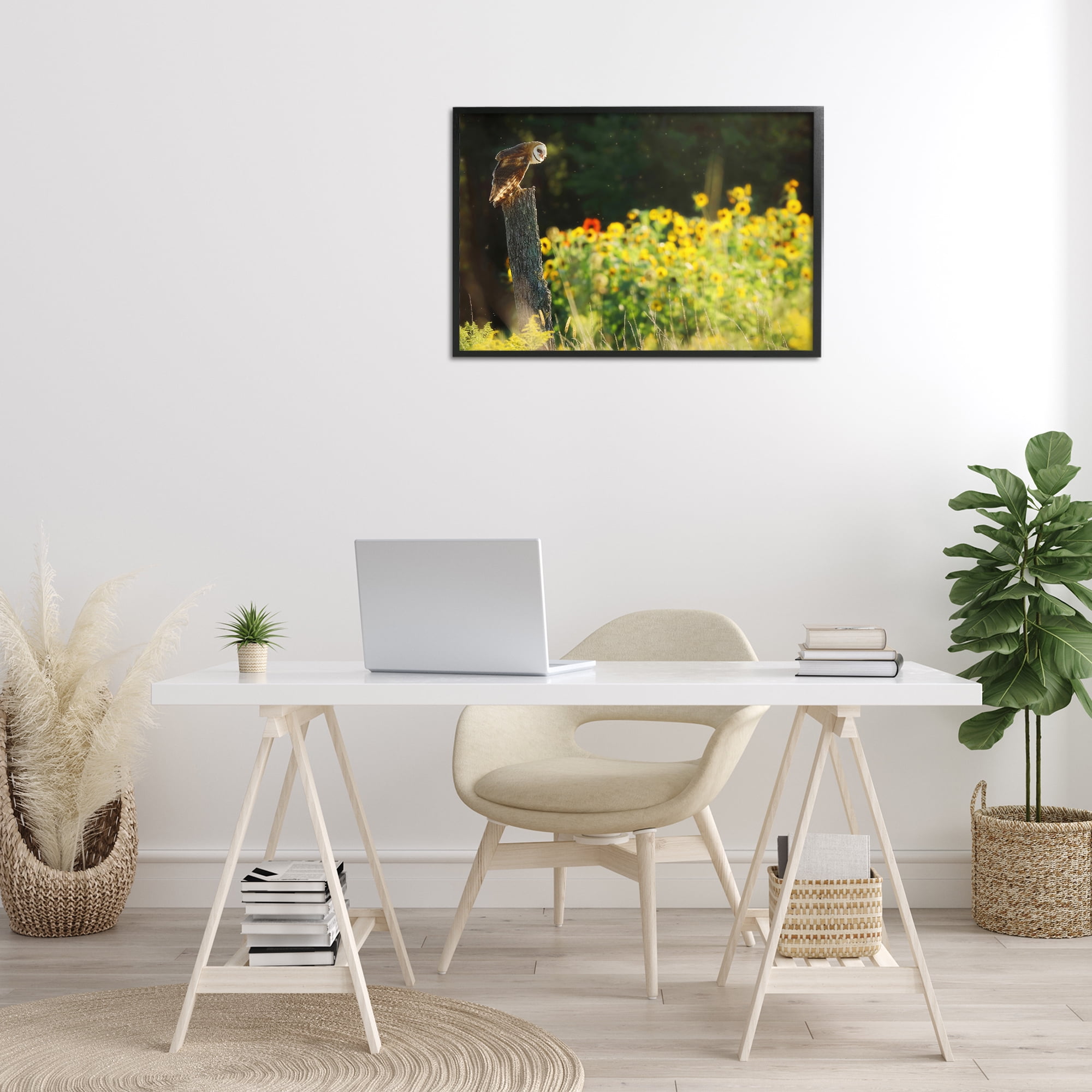 Stupell Industries Owl Perched in Meadow Landscape Photography Black Framed Art Print Wall Art, 30 x 20