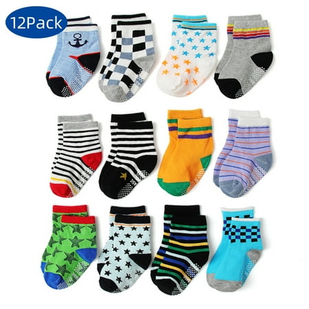 

12 Pack Baby and Toddler Socks Baby Non Slip Grip Ankle Socks with Non Skid Soles for Infants Toddlers Kids Boys Girls