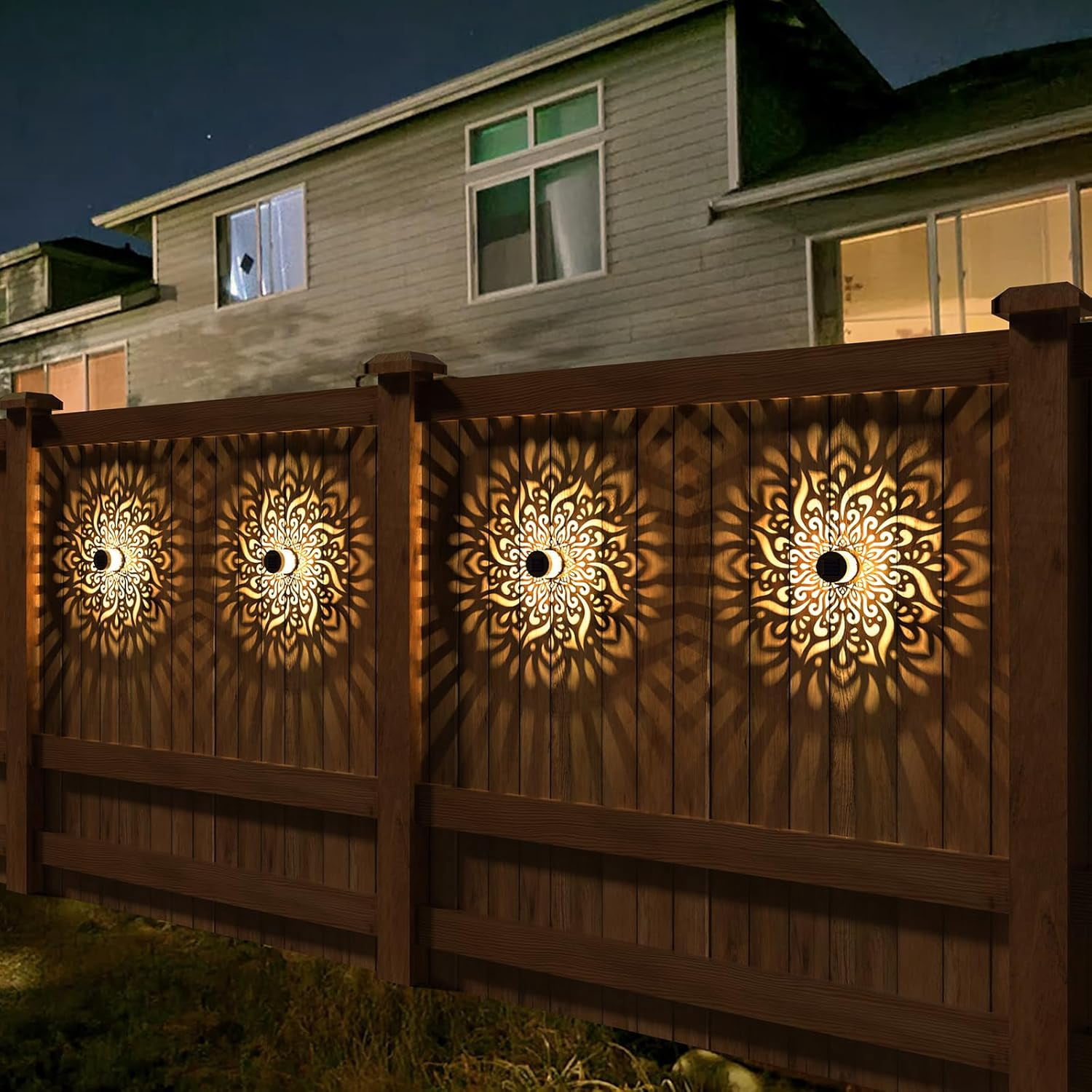 Govvep 2 Pack Metal Solar Powered LED Fence Lights, Mandala Peacock Feather Pattern, Waterproof Outdoor Wall & Step Lighting for Garden Patio Backyard Decor