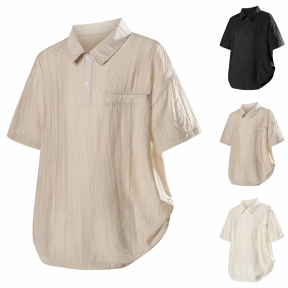 QIUOMBBP Casual Polos Shirts for Men Summer Big and Tall Lightweight Outdoor Travel Tees Short Sleeve Lapel Collared Tops with Pocket Beige XL