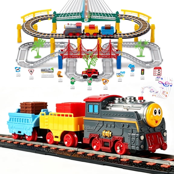 Electric Train Set for Kids Ages 4-8 with Train Tracks Set & Car Tracks Lights Up Bridge Road Sign Realistic Sound Train Track Accessories Playset Boy Toys Birthday 4 5 6 7 8  Year Old