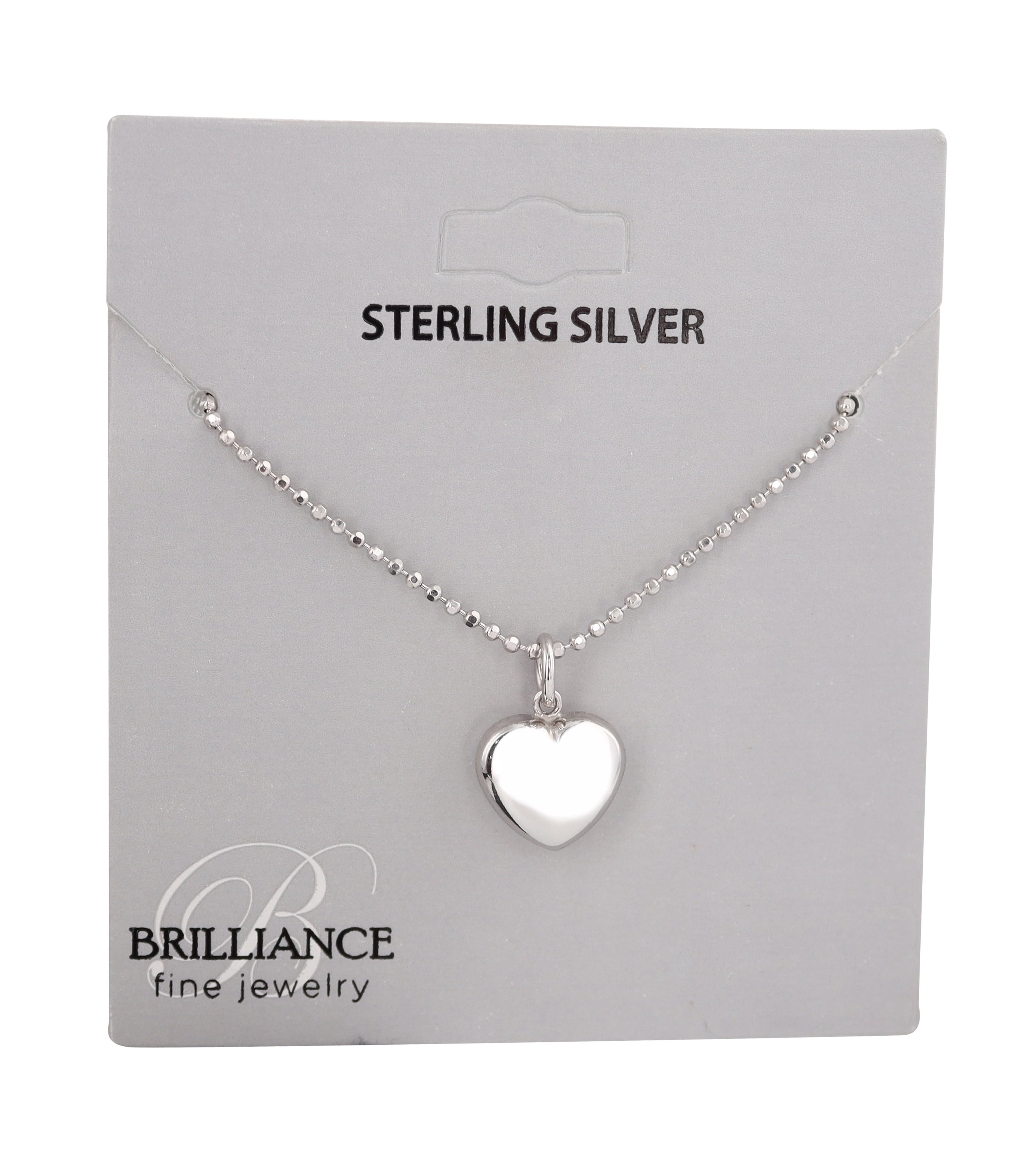 Brilliance Fine Jewelry Sterling Silver Rhodium Plated Puff Heart on Beaded Chain Necklace, 16"+2"