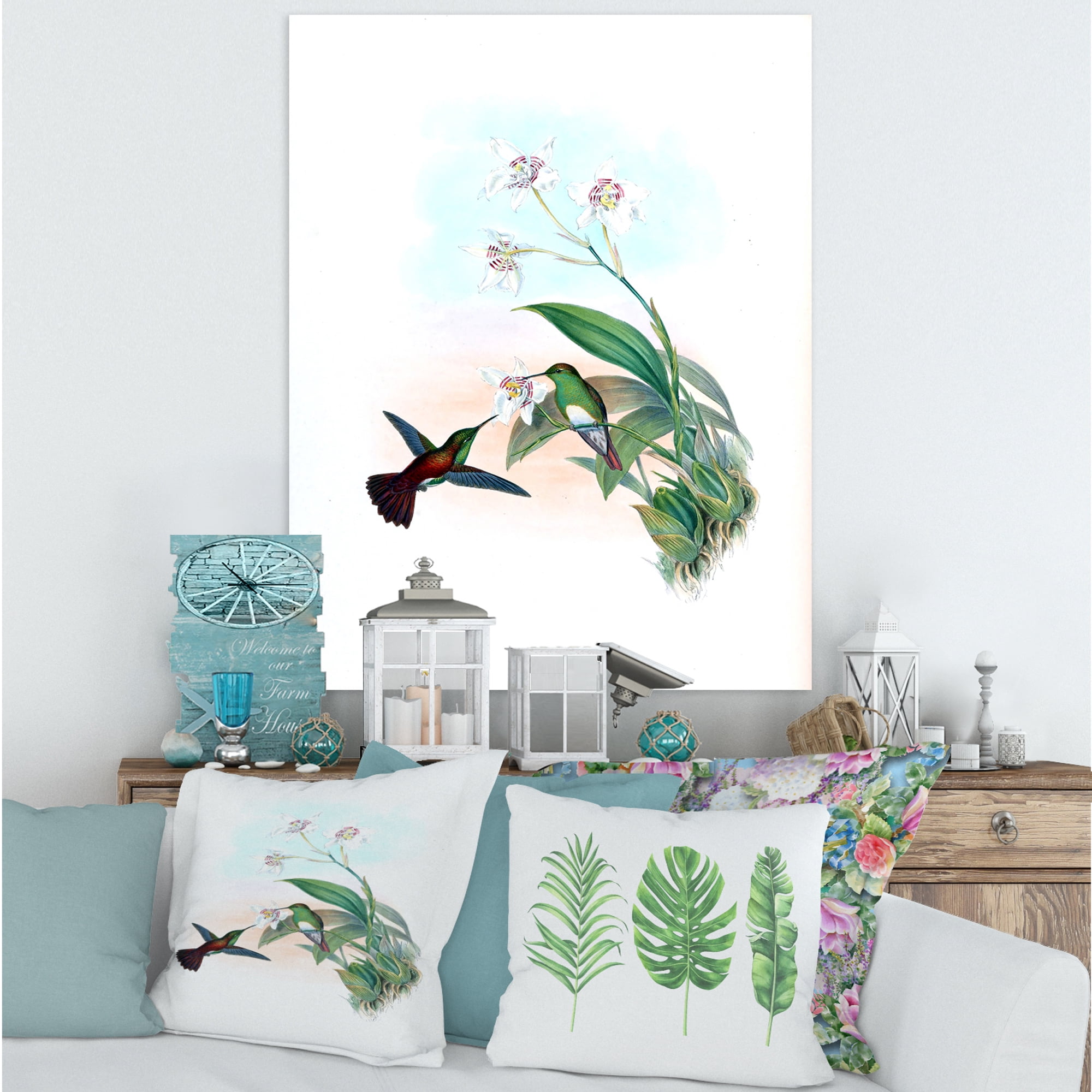 Designart ' Historic Hummingbird Flying To A Flower ' Traditional Canvas Wall Art Print