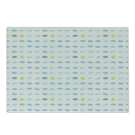 Blue and Yellow Cutting Board, Meteorology Clouds Sun Bolts Rain Snow Natural Phenomena, Decorative Tempered Glass Cutting and Serving Board, Small Size, Pale Blue and Yellow, by Ambesonne