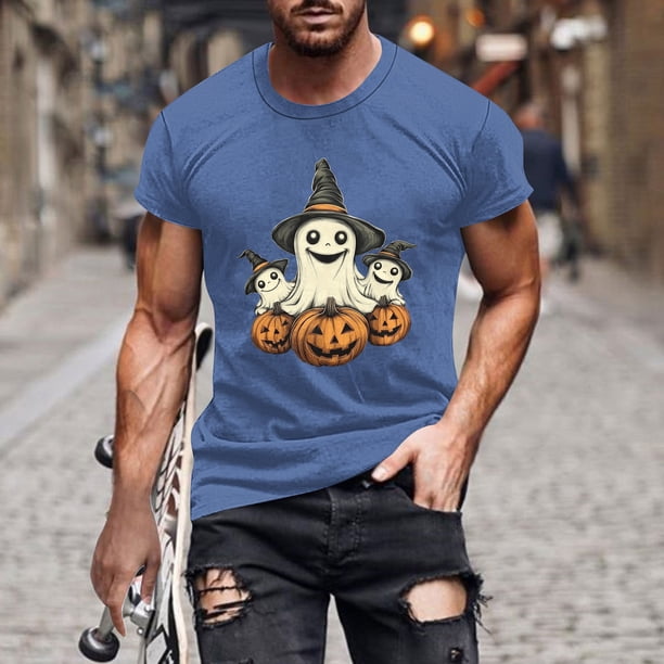 Blusas y camisas de manga corta y cuello redondo para hombre. Blusas/camisetas de manga corta con cuello redondo y estampado de Halloween para hombre. Blusa para hombre.