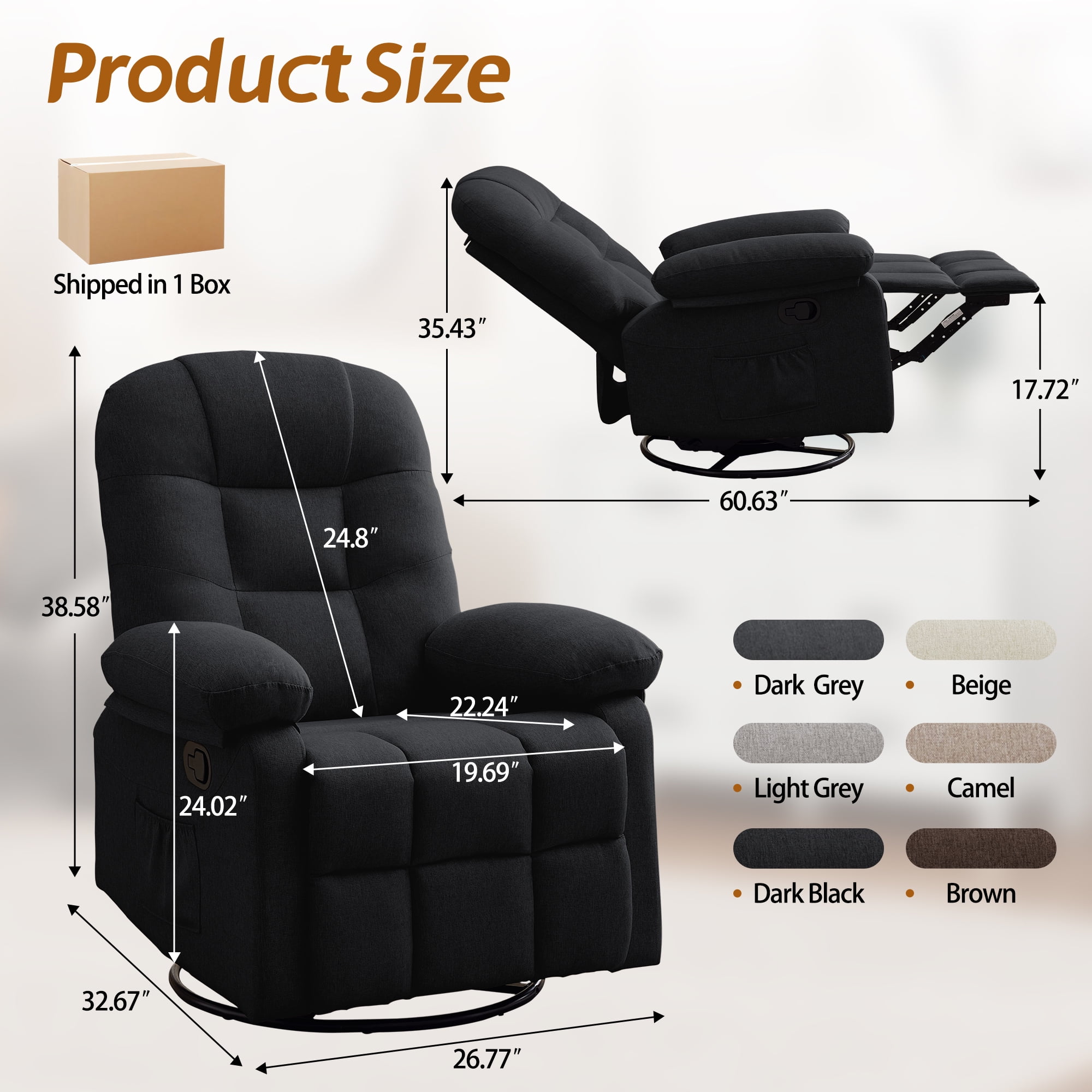 Korser Manual Swivel Rocker Recliner Chair for Living Room,Small Recliner Sofa for Small Spaces,Linen Fabric,Dark Black