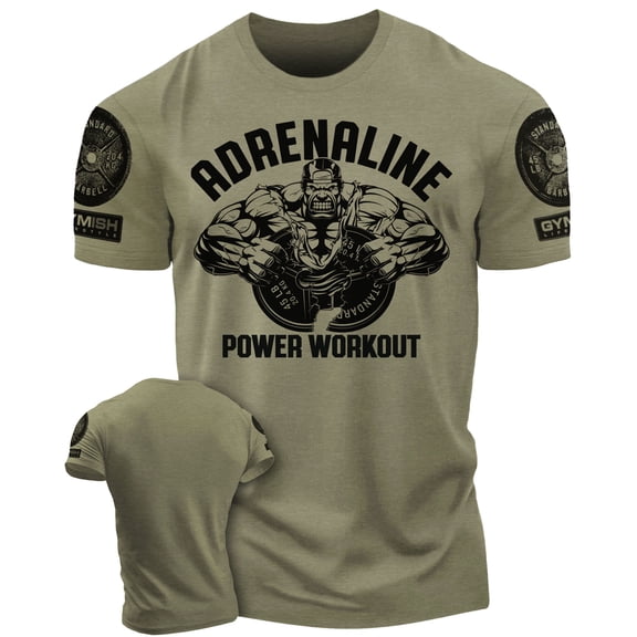 Gymish Adrenaline Workout T-Shirt for Men – Motivational Gym Tee, Funny Lifting Fitness Shirt, Military Green with Sleeve Logo, 3X-Large