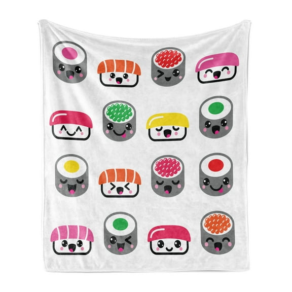 Sushi Soft Flannel Fleece Throw Blanket, Kawaii Style Sushi Smiling and Yawning Expressions Kids Cartoon Concept, Cozy Plush for Indoor and Outdoor Use, 50" x 60", Multicolor, by Ambesonne