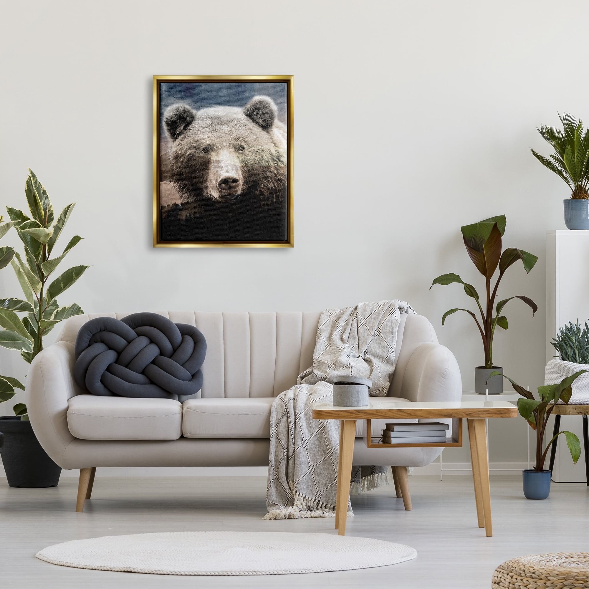 Stupell Industries Grizzly Bear Face Portrait Animals & Insects Painting Gold Floater Framed Canvas Art Print Wall Art, 25 x 31