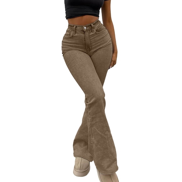 Scyoekwg Jeans Coupe Bottillon pour Femmes Décontractés Pantalons de Survêtement pour Dames Amples Couleur Unie Confortables Taille Haute Jeans Évasés Mode Extensible Coupe Ajustée Pantalons en Denim avec Poches Pantalons en Denim Kaki,TG