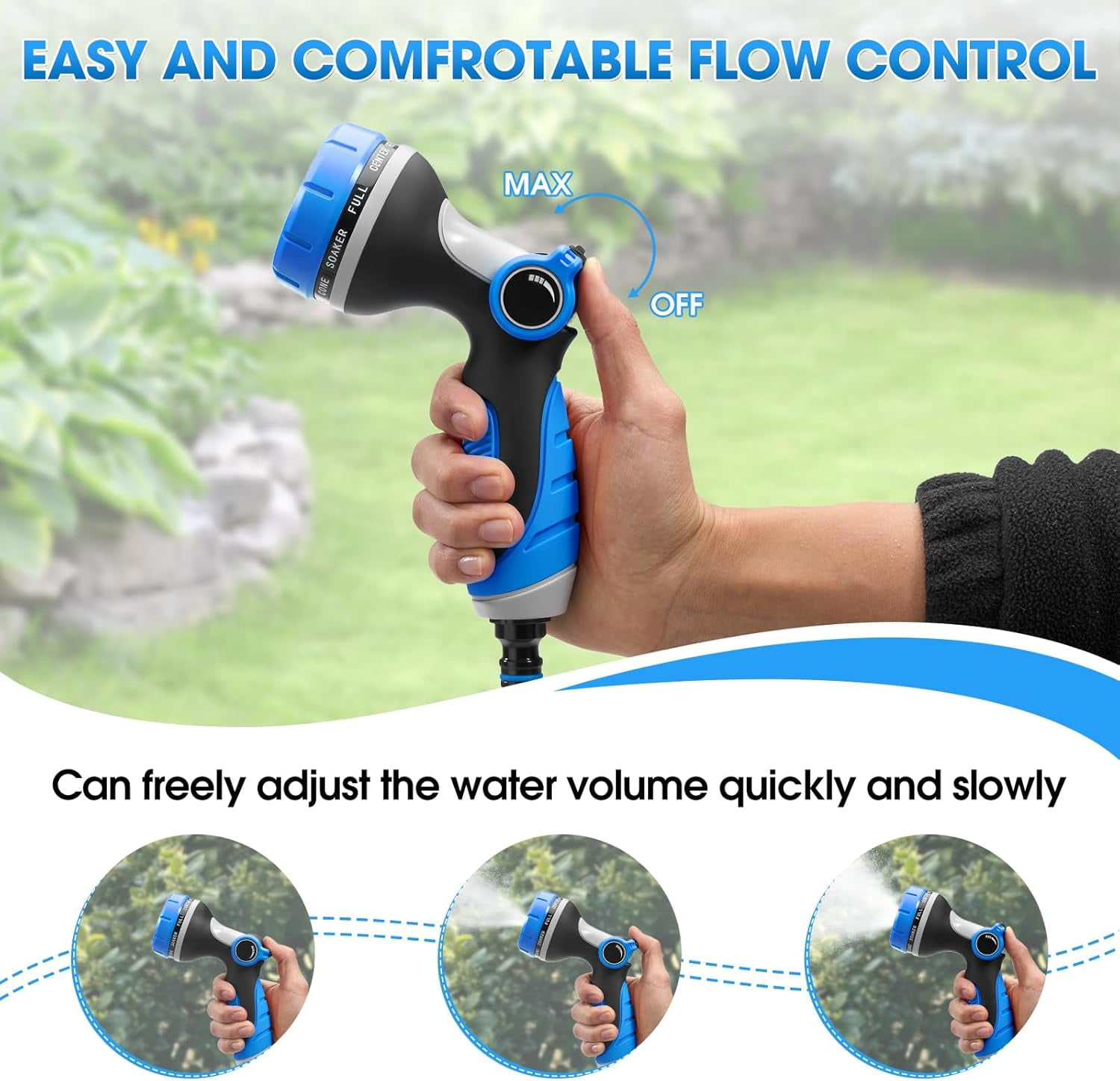 Garden Hose Nozzle, Adjustable 10 Spray Patterns High Pressure Hose Sprayer, Slip Resistant Water Spray Nozzle for Plants Lawn Car Washing and Pet Shower
