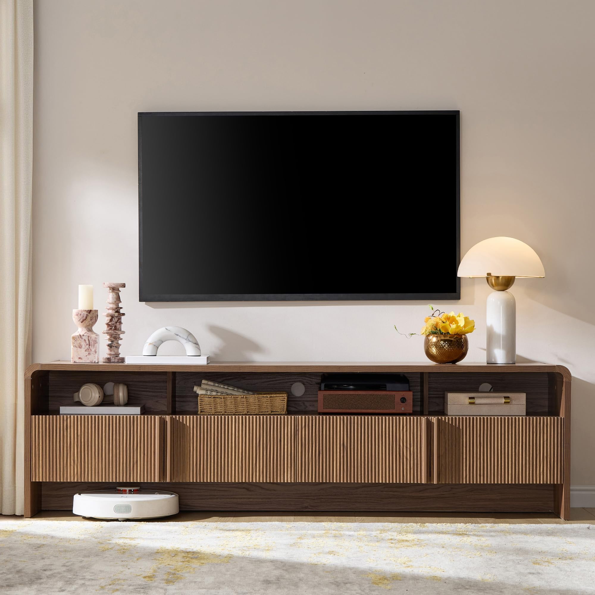 Papajet 70" Modern TV Stand for TVs up to 80", Fluted TV Console with Storage Cabinets, Wood Entertainment Center for Living Room, Brown