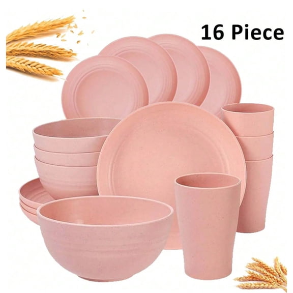 HRWGMUKVBG 16-Piece Kitchen Plastic Wheat Straw Dinnerware Set, Service for 4, Dinner Plates, Dessert Plate, Cereal Bowls, Cups, Unbreakable Colorful Plastic Outdoor Camping Dishes.