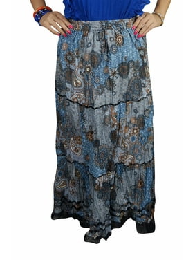 Mogul Women Maxi Skirt Blue Floral Printed Summer Gypsy Flare Long Skirts S/M