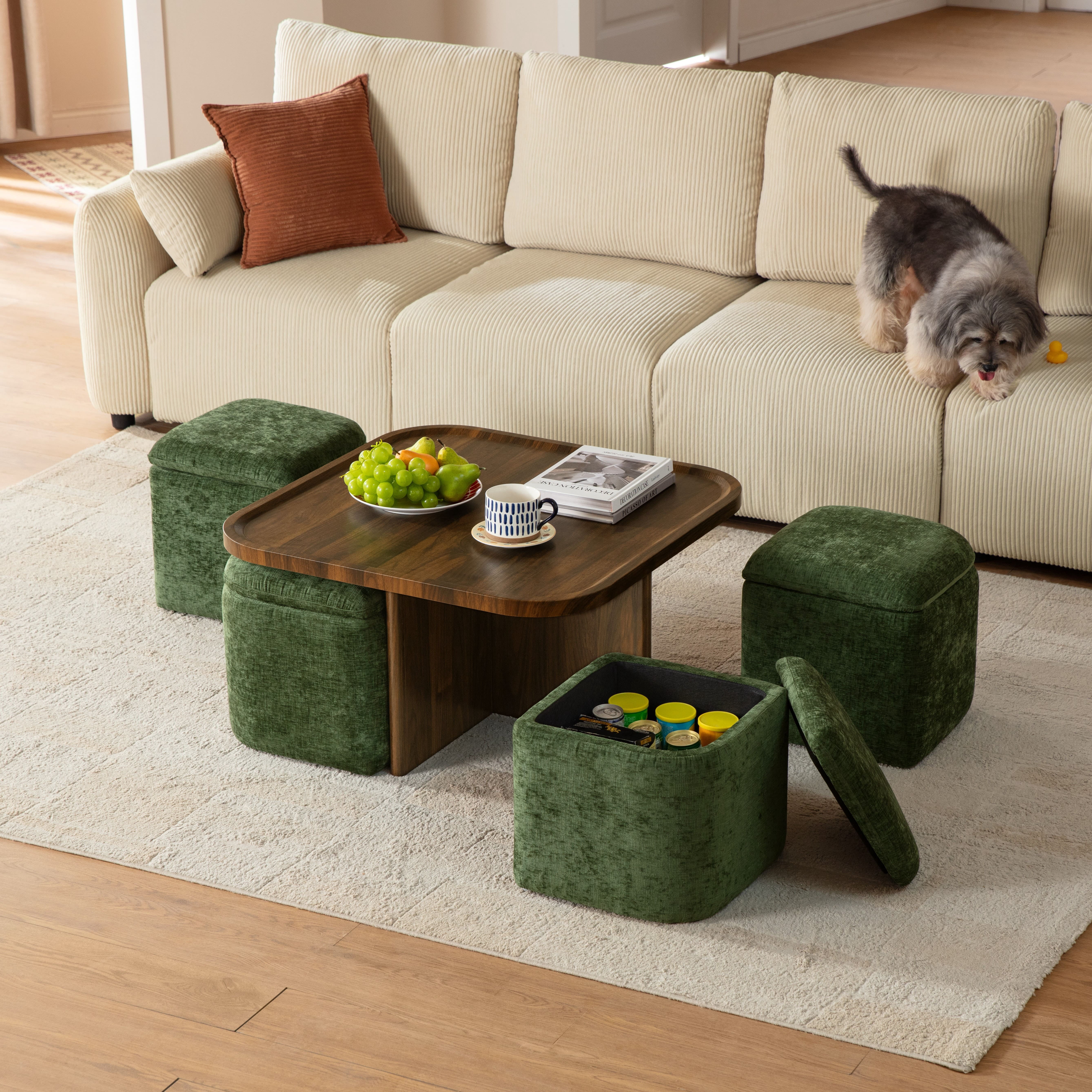 CHIC HOUSE Coffee Table Set with Stools for Living Room, Walnut & Green