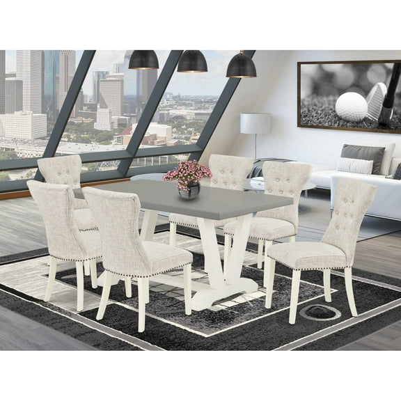 East West Furniture V-Style 7-piece Wood Dining Set in White/Doeskin/Cement