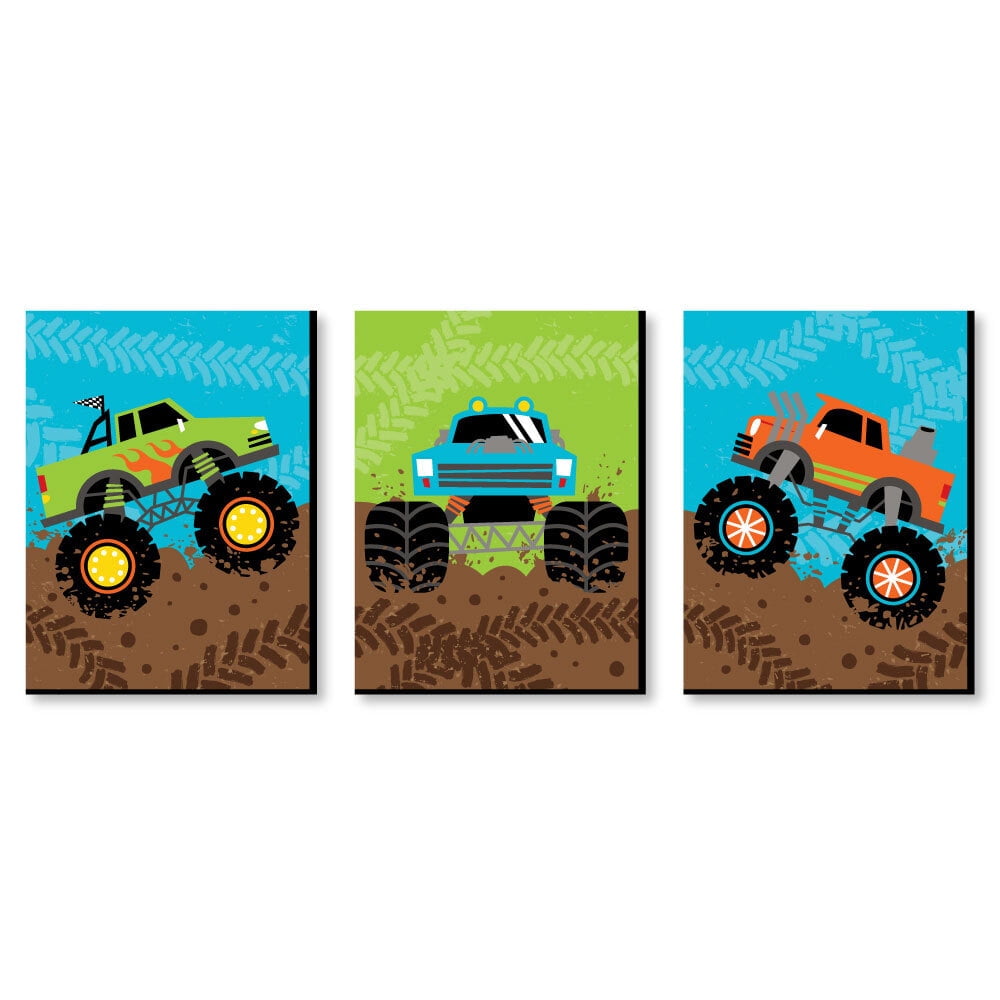 Nursery Pictures set of 4 Vehicle Prints Truck Digger Tractor Wall Art Blue 