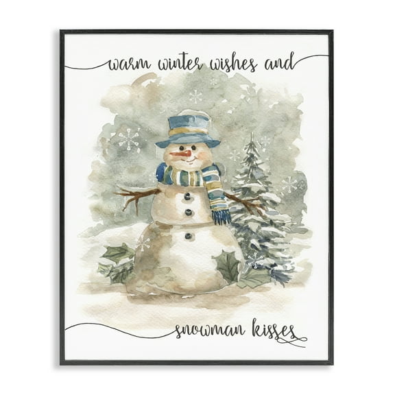 Stupell Industries Snowman Kisses Phrase Holiday Painting Black Framed Art Prints Wall Art, 11 x 14