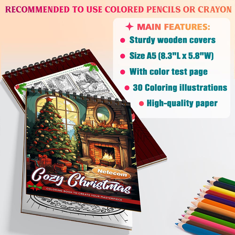 Netecom Cozy Christmas Coloring Book Spiral Bound for Adults, A5 Wooden Cover, 30 Heartwarming Coloring Pages of Festive Fireplaces in Xmas Day for Stress Relief and Relaxation