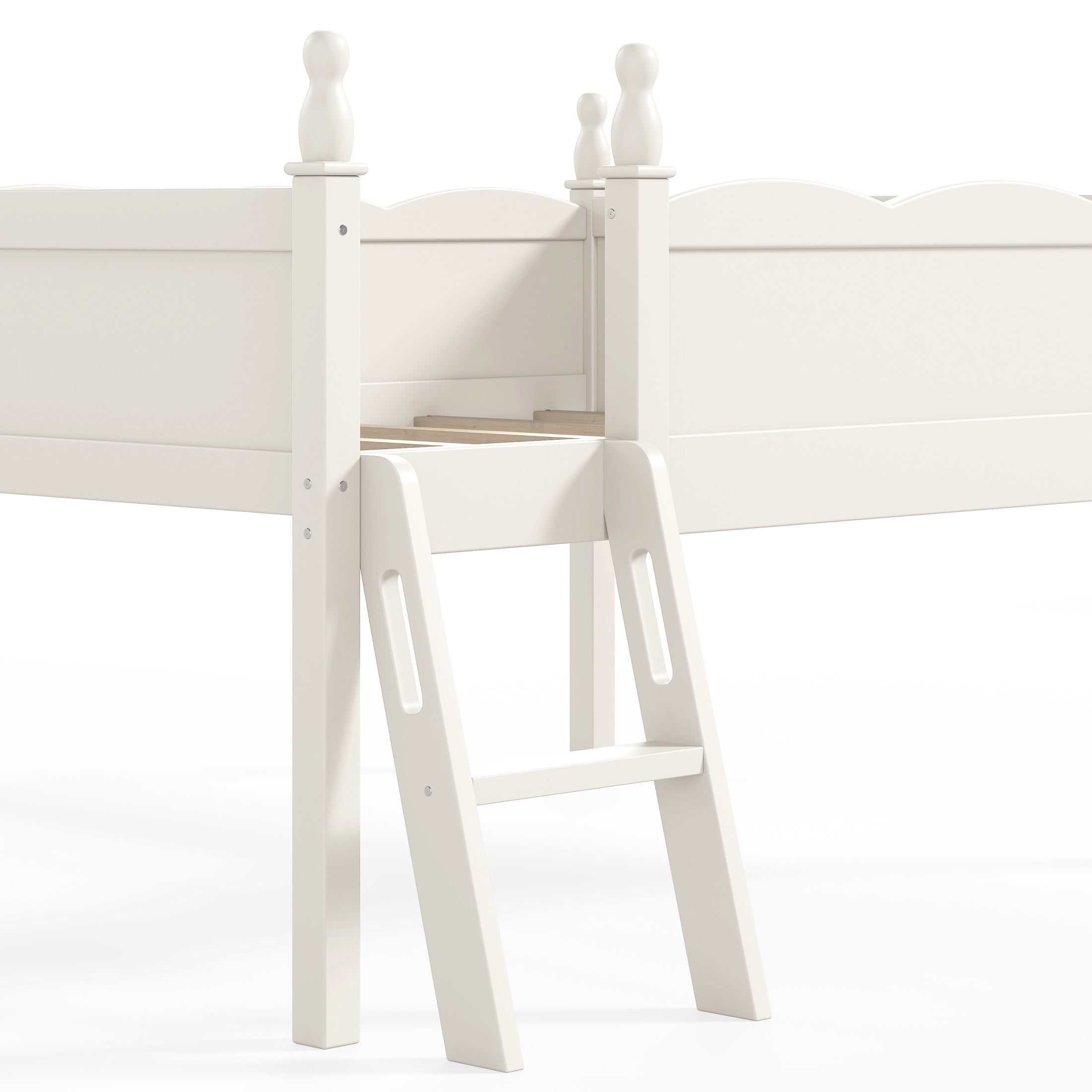 GDF Studio Full Size Low Loft Bed with Guardrails, Ladder & Side Bookshelf, Chic Design, Beige