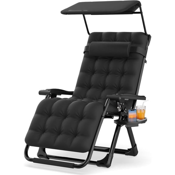 DKMOCO 26In Zero Gravity Chair with Canopy, Oversized Lounge Chair w/Removable Headrest&Cushion, Folding Patio Chairs Recliner for Indoor Outdoor, Black