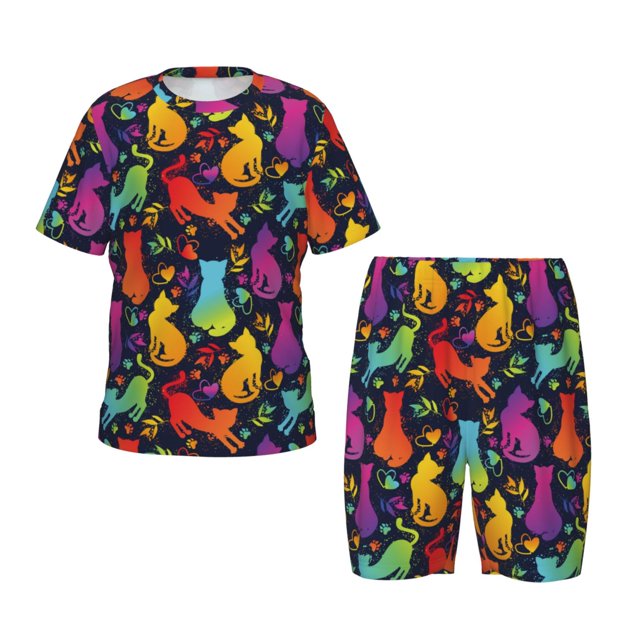 Balery Colorful Cats Conjunto de Pijama Infantil de Manga Corta con Estampado – Ropa de Dormir de Algodón Suave-X-Large