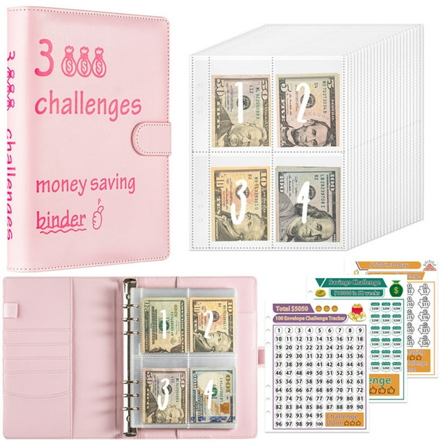 Pink Faux Leather Budget Planner: 100-Day Cash Saving Notebook with Zipper Pouch, 25 Cash Slots (1-100) + 3 Check-in Sheets + 4 Colorful Dollar Stickers