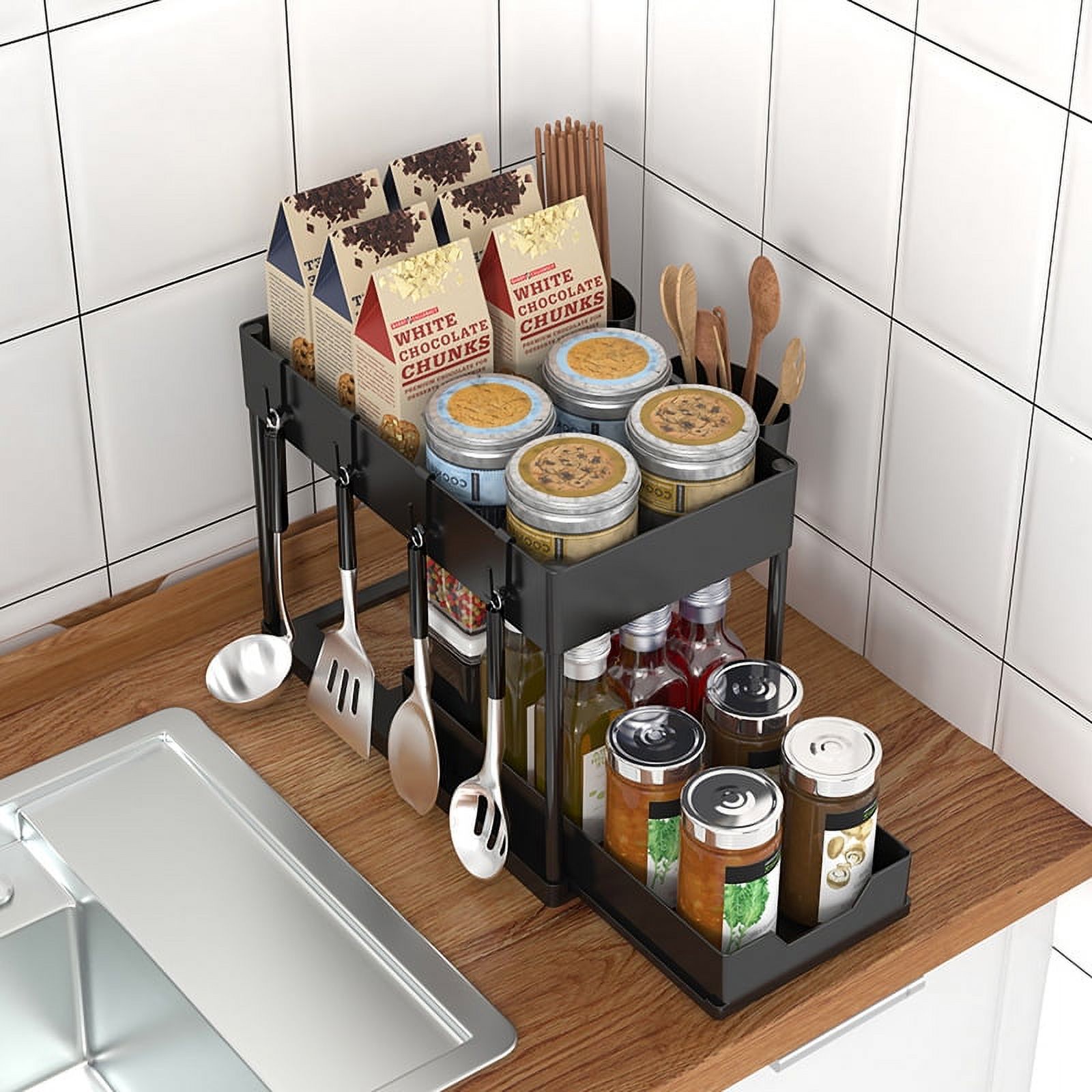 Under Sink Organizers and Storage, 1 Pack Large Capacity Heavy Load Pull-out Under Sink Shelves with Sliding Drawer for Kitchen and Bathroom, Black, 15.74 x 8.66 x 12.99 inch