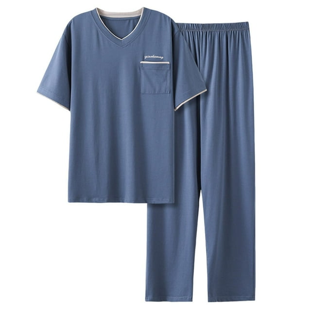 RKSTN Pajamas Set For Men Summer Solid Color Lounge V Neck Short Sleeve And Pants Pjs Sets Comfortable 2 Piece Comfy Fall Fashionable Loungewear