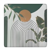 Green Boho Geometric and Plant Pattern (4) Square Fitted Tablecloth with Elastic Edge,Square Table Cover,Washable Elastic Table Cover for Home Kitchen Party Decor 34"x34"