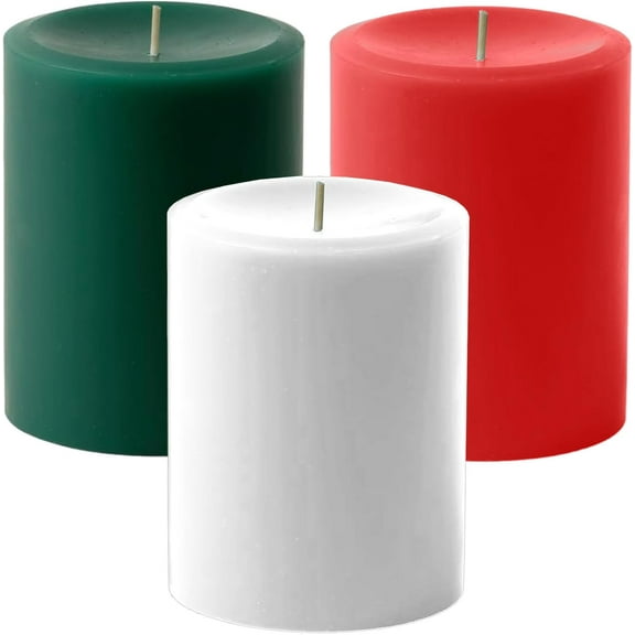 NeoMart - Dripless Unscented Pillar Candles, Set of 3 Hand Poured Solid Color Non-Scented Candles for Home Decor, Premium Wax, 60 Hr Burn Time - 3x4 Inch, Red - Green -White