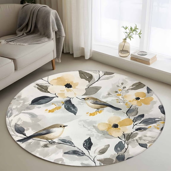 Round Rugs 3Ft, Yellow Grey Botanical Round Area Rug Washable Indoor Throw Carpet, Spring Floral Birds Watercolor Small Non Slip Circle Rug for Bedroom Living Room Home Decor Aesthetic