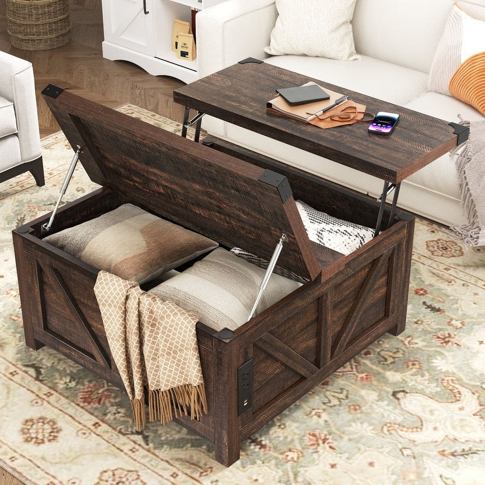 35.6" Farmhouse Lift Top Coffee Table with Charging Ports,Large Square Coffee Table with Storage, Wood Center Table w/Large Hidden Space for Living Room Home Office,Brown