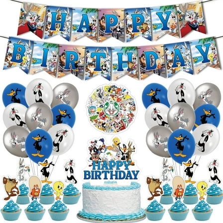 82PCS For Looney Theme For Tunes Birthday Party Decorations,Party Supply Set for Kids with 1 Happy Birthday Banner Garland,50 Stickers,18 Balloons,13 Cupcake Toppers