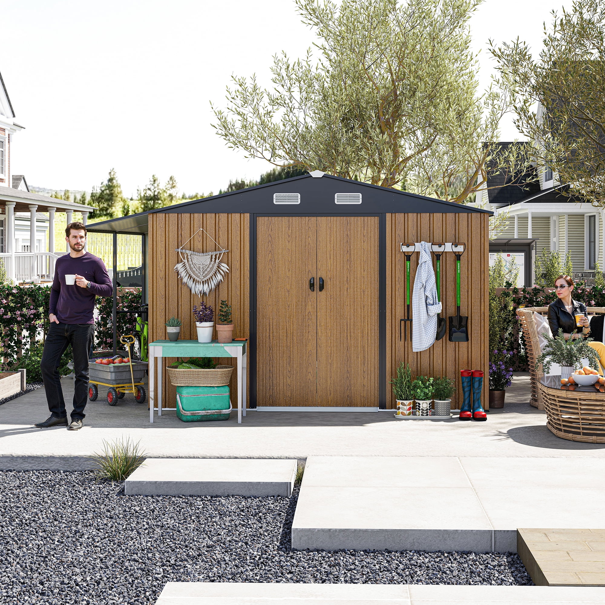 10x12 FT Outdoor Storage Shed - Extra Large Metal Shed with Dual-Zone Design, Sliding Doors & Ramp, Lockable Steel Tiny House for Garden/Backyard, Firewood Storage & Chicken Coops (Yellow)