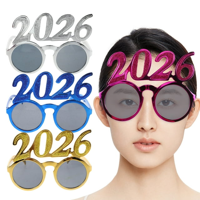 4 gafas de plástico 2026: gafas de sol con purpurina para Año Nuevo 2026, gafas de graduación, accesorios para fotomatón.