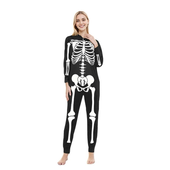 ZQUUVOU Woman Halloween Fashion Skeleton Print Jumpsuit Ladies Long Sleeved Suit Family Parent-Child Wear For Mom Black