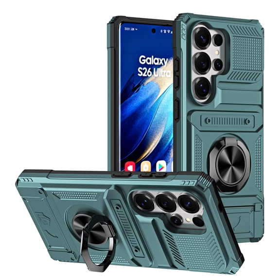 Lunvic Phone Case for Samsung Galaxy S26 Ultra, Heavy Duty Rugged PC TPU Cover with Hidden Card Holder Ring Kickstand Magnetic Car Mount, Black