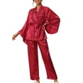 thumbnail image 2 of INSPIRE CHIC Women's Satin Silk Kimono Bridesmaid Wedding Bridal Party Bell Sleeve Sleepwear Pajama Sets M Red, 2 of 4