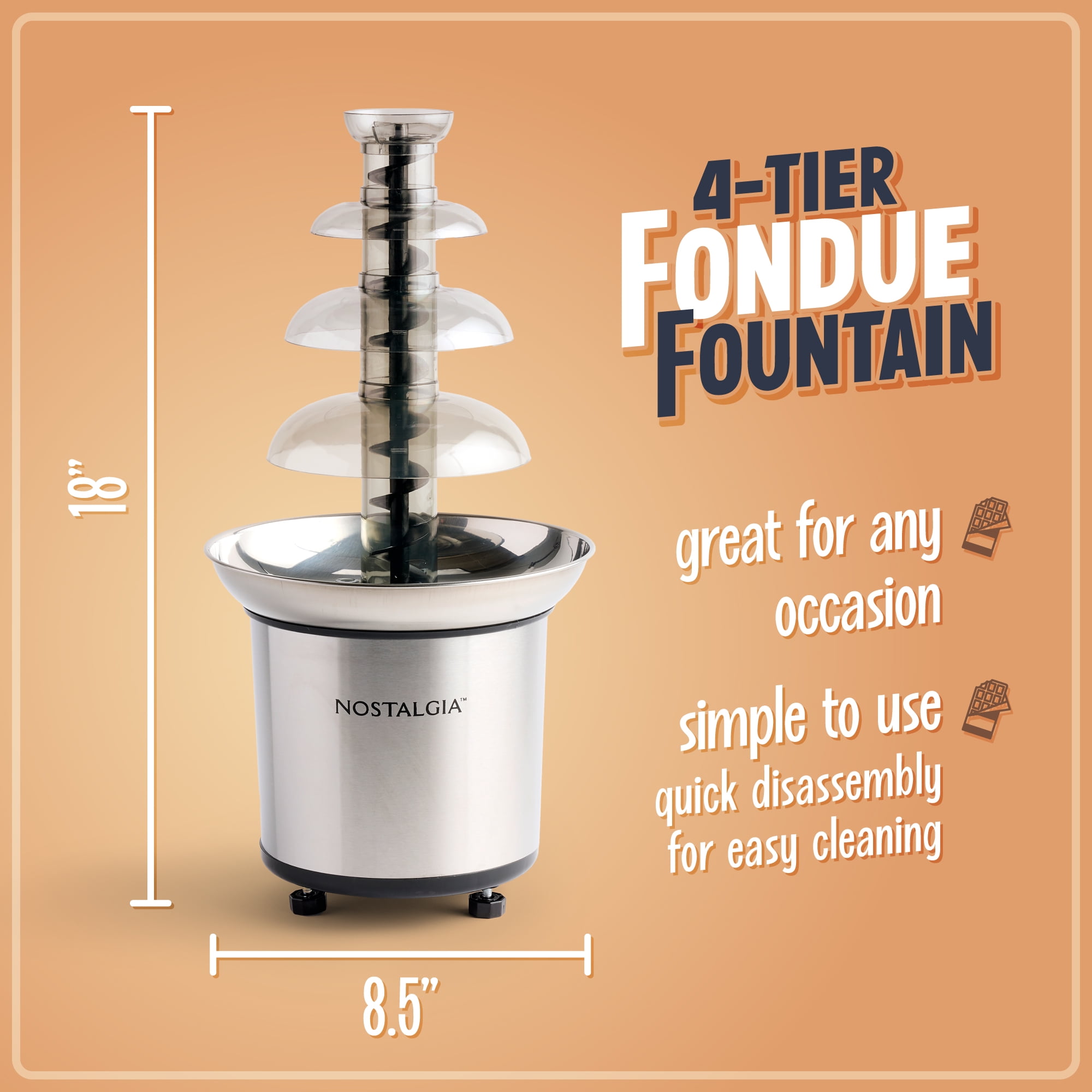 Nostalgia 4-Tier Chocolate Fondue Fountain with Stainless Steel Fondue Pot, 32 oz