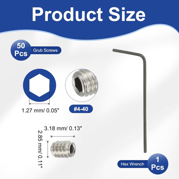 ZANHUA-#4-40x1/8 Internal Hex Socket Set Grub Screws, 50 Pcs 304 Stainless Steel Cup Point Set Screw with Hex Key Wrench for Door Handles Bathroom Fixtures