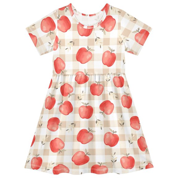 FORMRS Girls Short Sleeve Dress Summer Casual Round Neck A-line Beach Sundress, Sizes 2T-8T, Apple Plaid Pattern