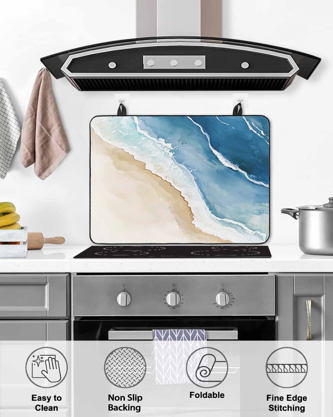 nqOlkjepod Large Induction Cooktop Protector Mat 36"x21", Blue Coastal Stove Top Covers for Electric Stove, Summer Beach Waves Nautical Watercolor Stove Burner Cover Mats, Glass Top Stove Cover
