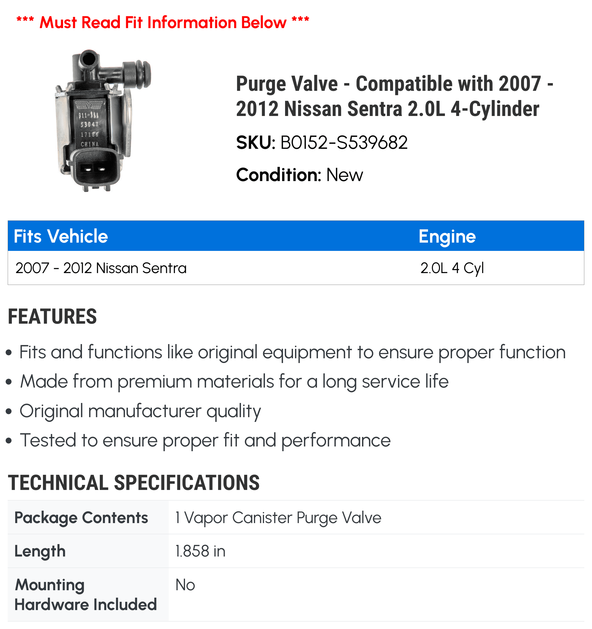 Purge Valve - Compatible with 2007 - 2012 Nissan Sentra 2.0L 4-Cylinder - Dorman