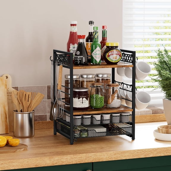 Coffee Bar Organizer Countertop Station with 4-Tier Storage and 12 Hooks for Mugs and K-Cups