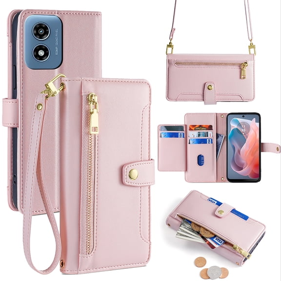 Allytechgroup for Moto G Power 5G 2025 Wallet Case Cover, Large Space Cards Slots Zipper Pocket Shoulder Strap Kickstand Shockproof Wallet Phone Case for Moto G Power 5G 2025 - Pink