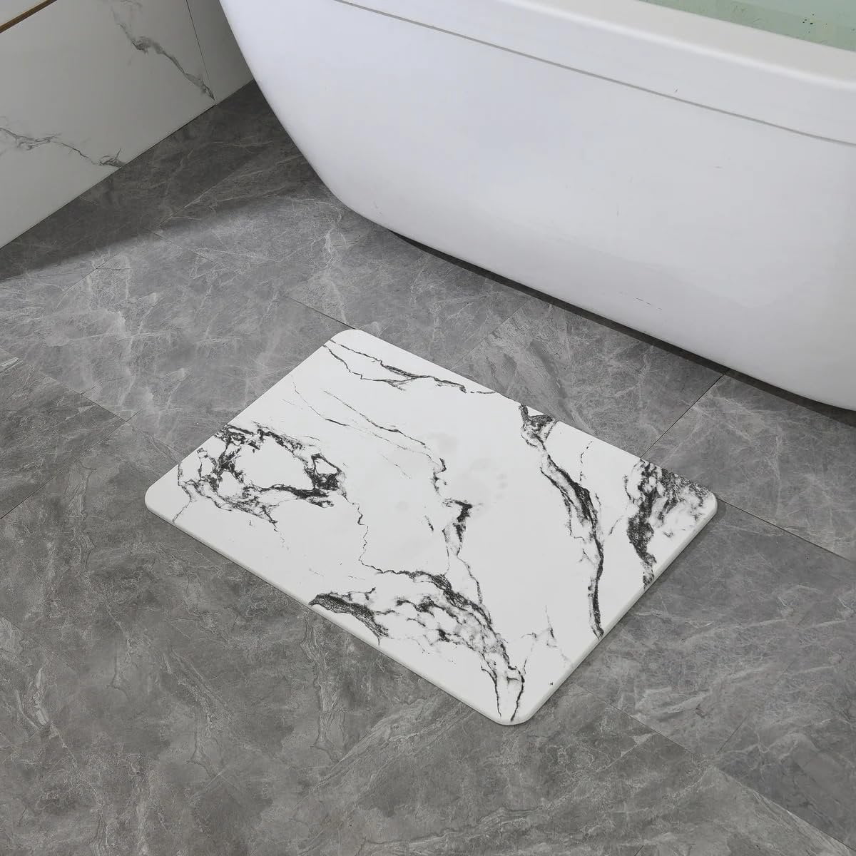 J&V TEXTILES Marble 24x15 Stone Bath Mat Diatomaceous Earth Shower Mat Non-Slip Super Absorbent Diatomite for Bathroom Floor Quick-Drying Easy to Clean White Marble